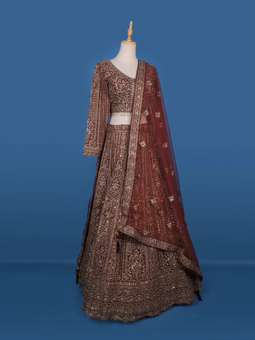 Brown Floral Embroidery Bridal Net Lehenga - Diadem