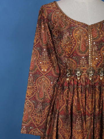 Brown Floral Motif Bead And Printed Work Cotton Gown - Diadem