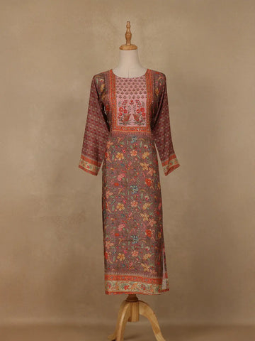 Brown Floral Printed Rayon Kurti - Diadem