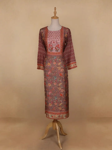 Brown Floral Printed Semi Silk Kurti - Diadem