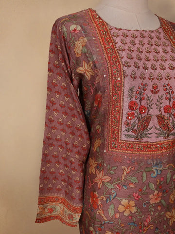Brown Floral Printed Semi Silk Kurti - Diadem