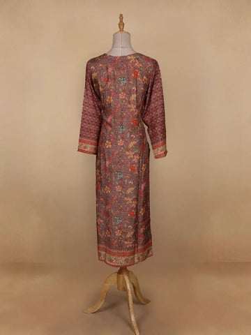 Brown Floral Printed Semi Silk Kurti - Diadem