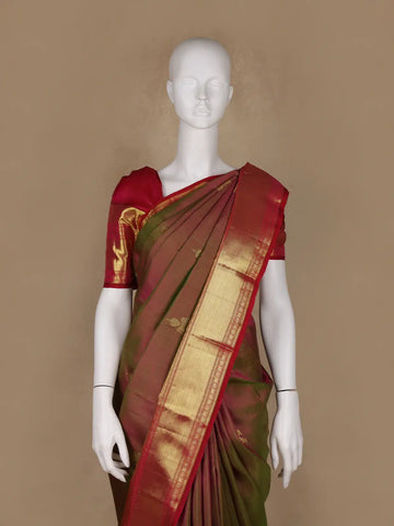 Brown Floral Woven Pure Kanchipuram Silk Saree - Diadem