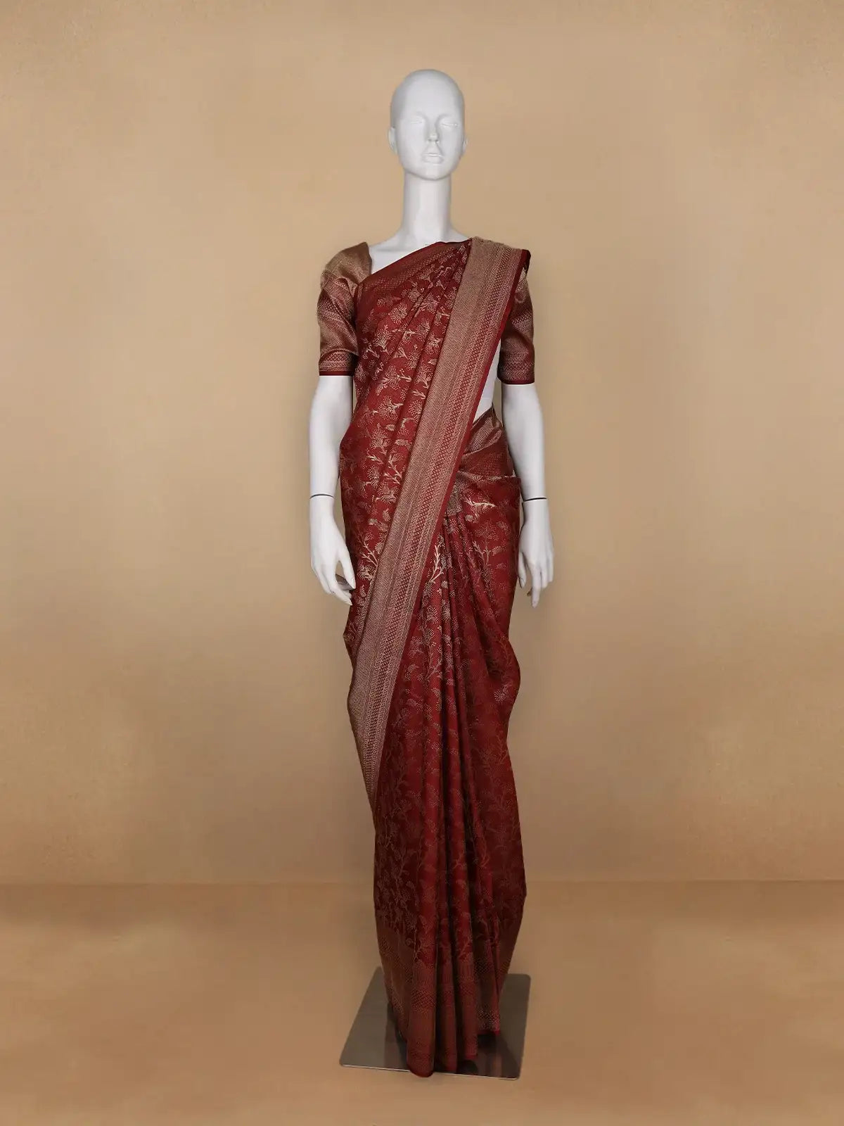 Brown Floral Woven Pure Kanchipuram Silk Saree - Diadem
