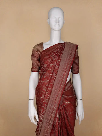 Brown Floral Woven Pure Kanchipuram Silk Saree - Diadem