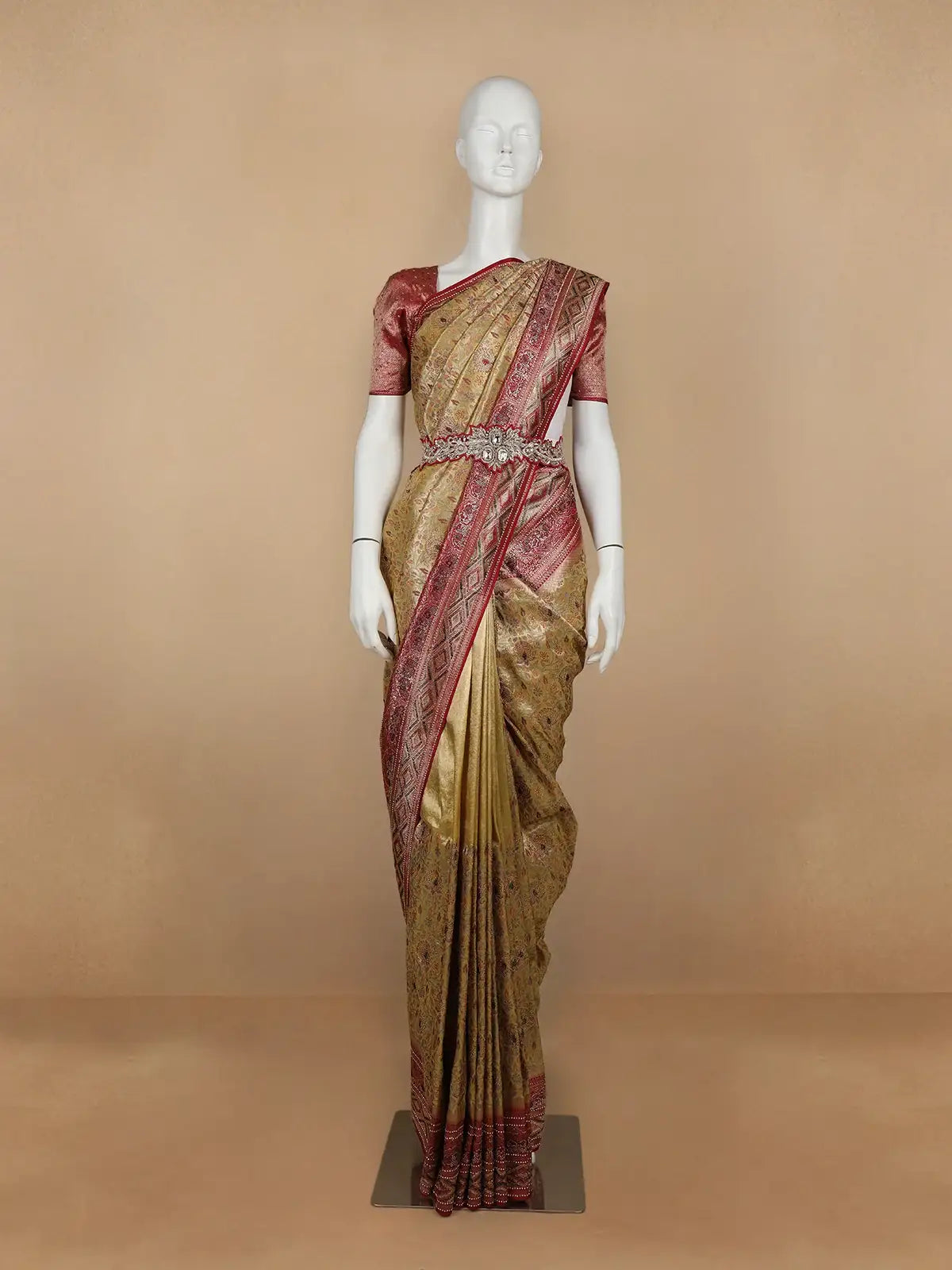 Brown Floral Woven and Stone Work Banarasi Silk Saree - Diadem