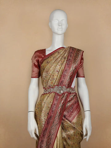Brown Floral Woven and Stone Work Banarasi Silk Saree - Diadem