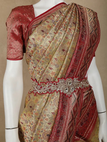 Brown Floral Woven and Stone Work Banarasi Silk Saree - Diadem