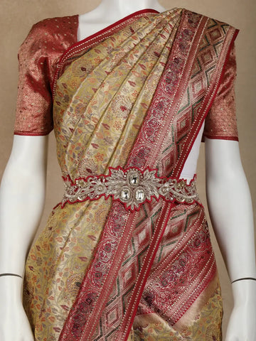 Brown Floral Woven and Stone Work Banarasi Silk Saree - Diadem