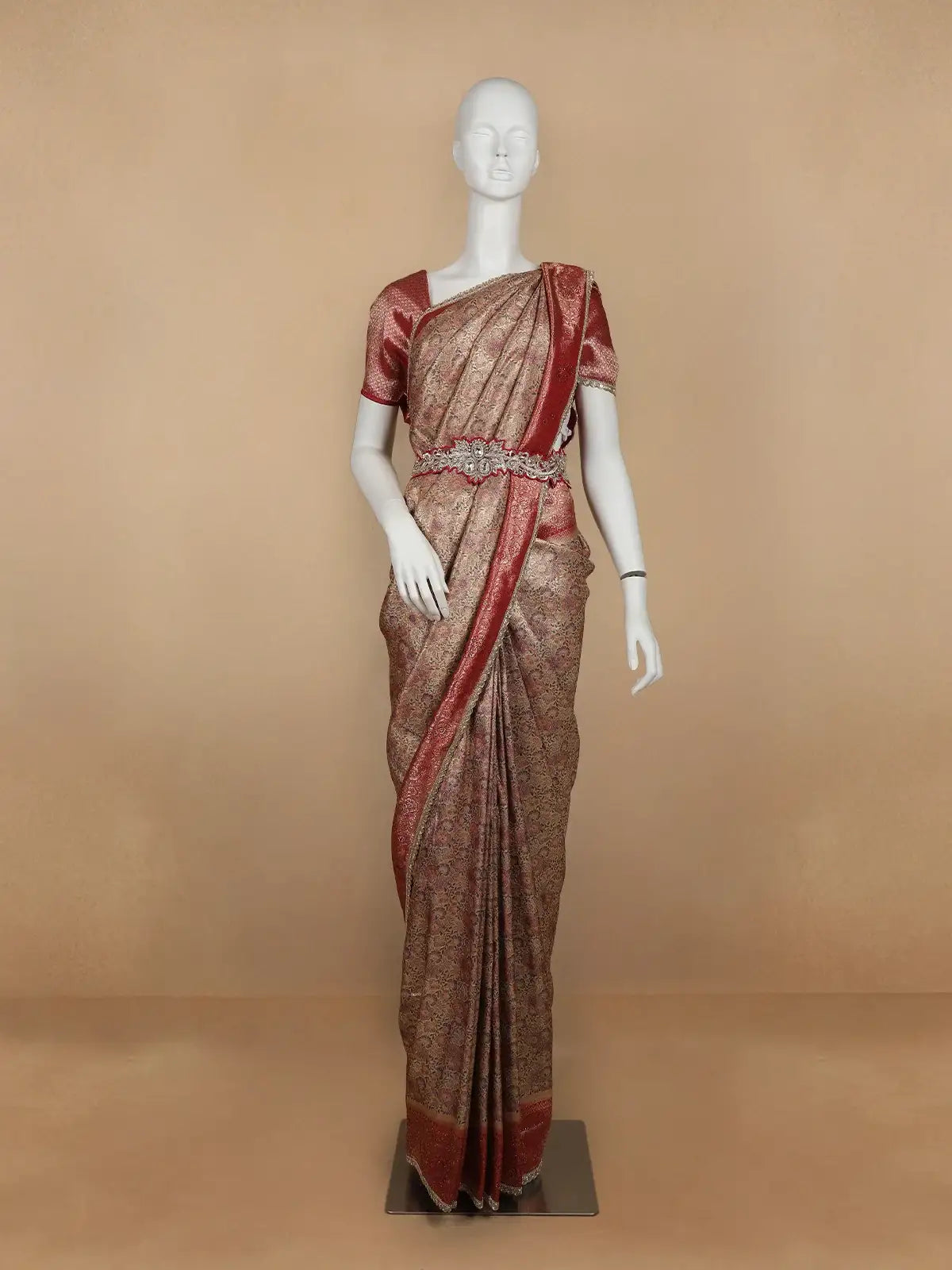 Brown Floral Woven and Stone Work Banarasi Silk Saree - Diadem