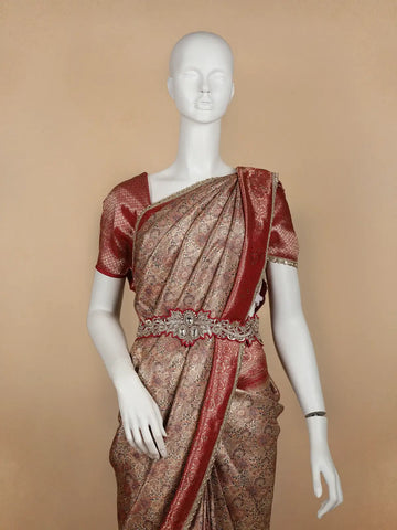 Brown Floral Woven and Stone Work Banarasi Silk Saree - Diadem