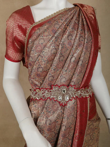 Brown Floral Woven and Stone Work Banarasi Silk Saree - Diadem