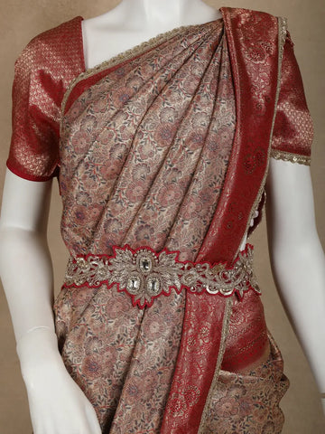Brown Floral Woven and Stone Work Banarasi Silk Saree - Diadem