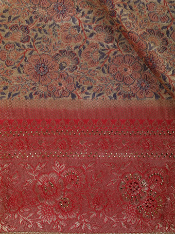 Brown Floral Woven and Stone Work Banarasi Silk Saree - Diadem