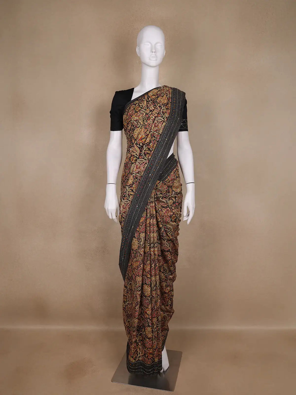 Brown Floral Designed Chanderi Cotton Saree - Diadem