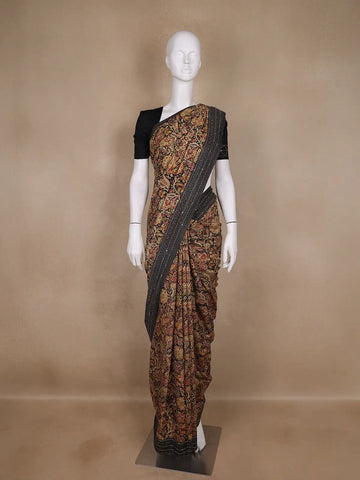 Brown Floral Designed Chanderi Cotton Saree - Diadem