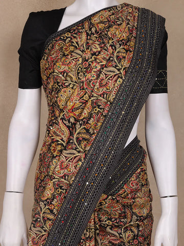 Brown Floral Designed Chanderi Cotton Saree - Diadem