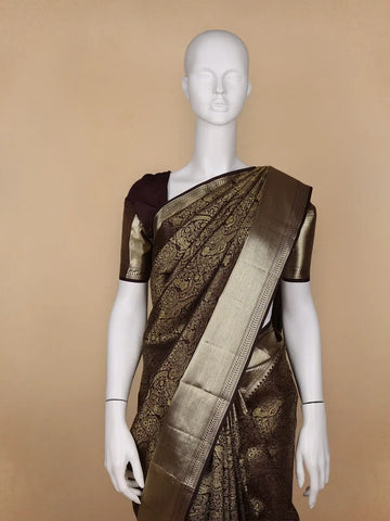 Brown Floral Woven Pure Kanchipuram Silk Saree - Diadem