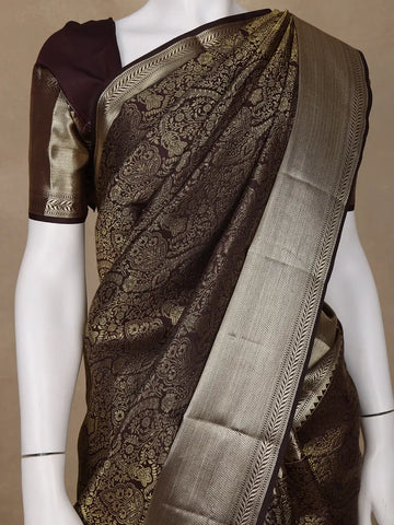 Brown Floral Woven Pure Kanchipuram Silk Saree - Diadem
