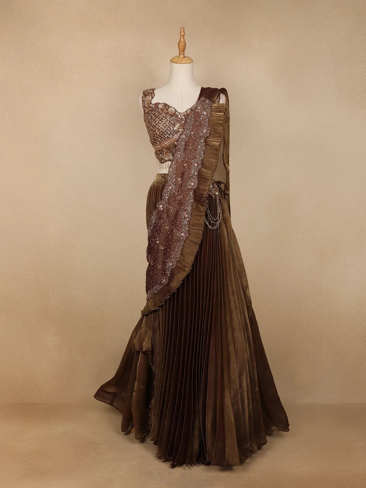 Brown Shimmer Floral Worked Bridesmaid Lehenga - Diadem