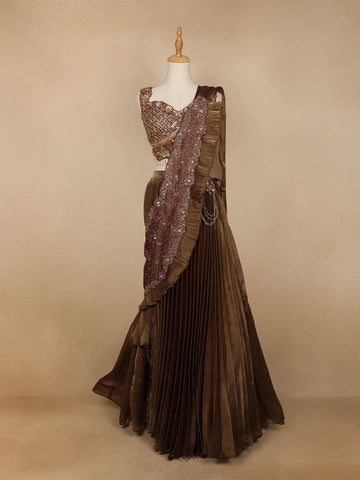 Brown Shimmer Floral Worked Bridesmaid Lehenga - Diadem