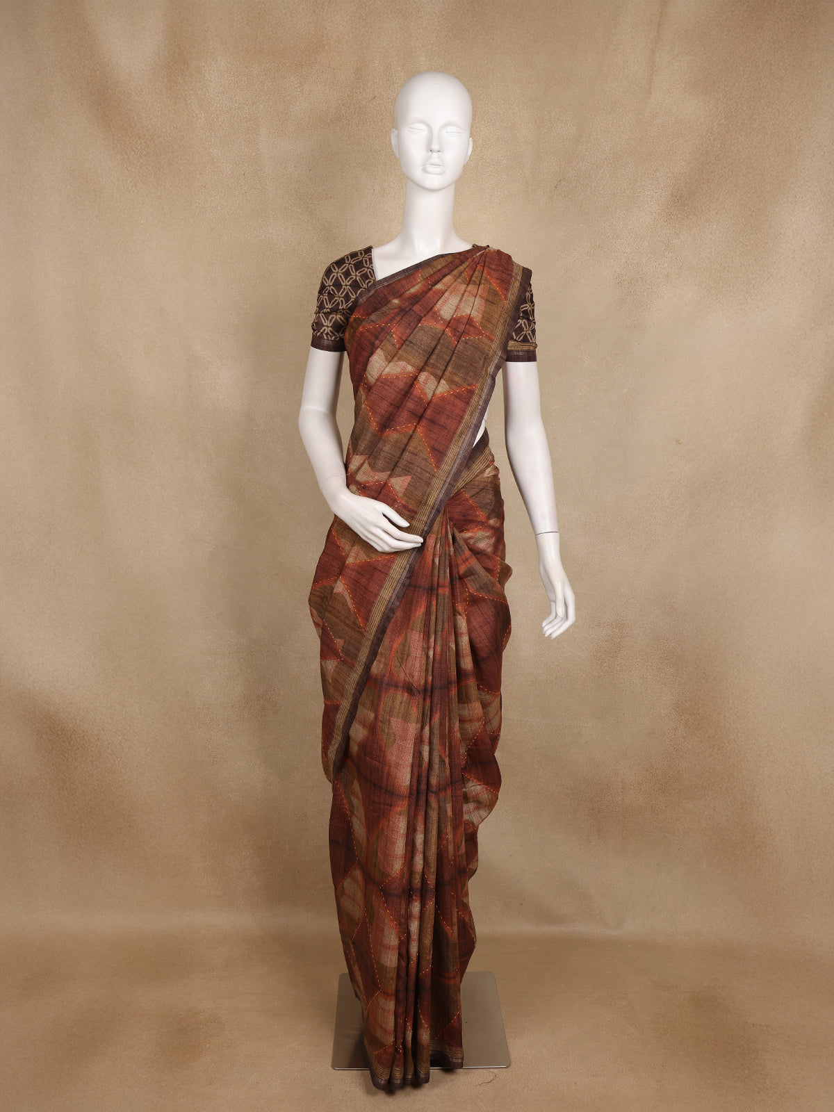 Brown and Maroon Geometric Printed Design Tussar Silk Saree