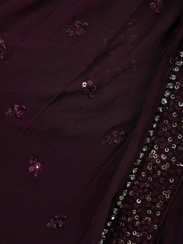 Burgundy Floral Designed Ruffle Drape Georgette Ready To Wear Saree - Diadem