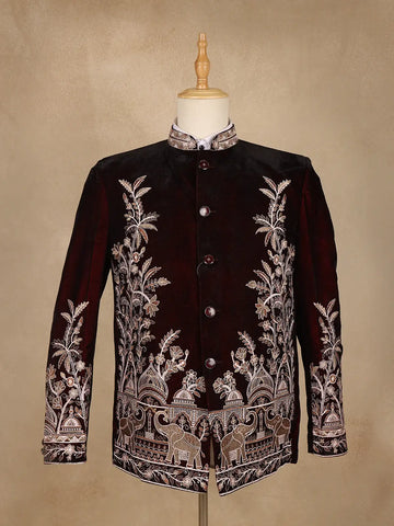 Burgundy Floral Embroidered Velvet Men's Suit - Diadem