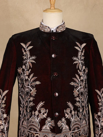 Burgundy Floral Embroidered Velvet Men's Suit - Diadem
