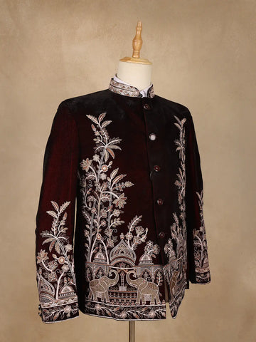 Burgundy Floral Embroidered Velvet Men's Suit - Diadem