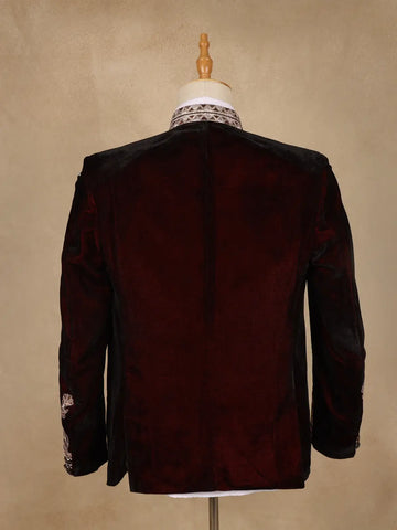 Burgundy Floral Embroidered Velvet Men's Suit - Diadem