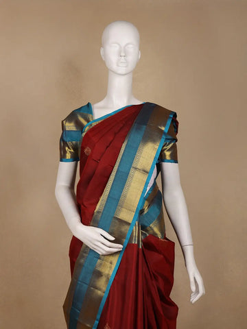 Burgundy Floral Motif Woven Pure Kanchipuram Silk Saree With Zari Border - Diadem