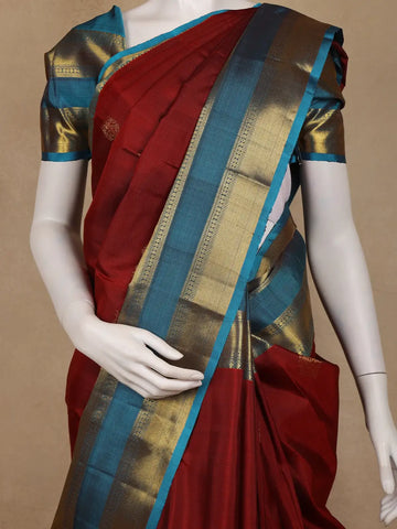 Burgundy Floral Motif Woven Pure Kanchipuram Silk Saree With Zari Border - Diadem