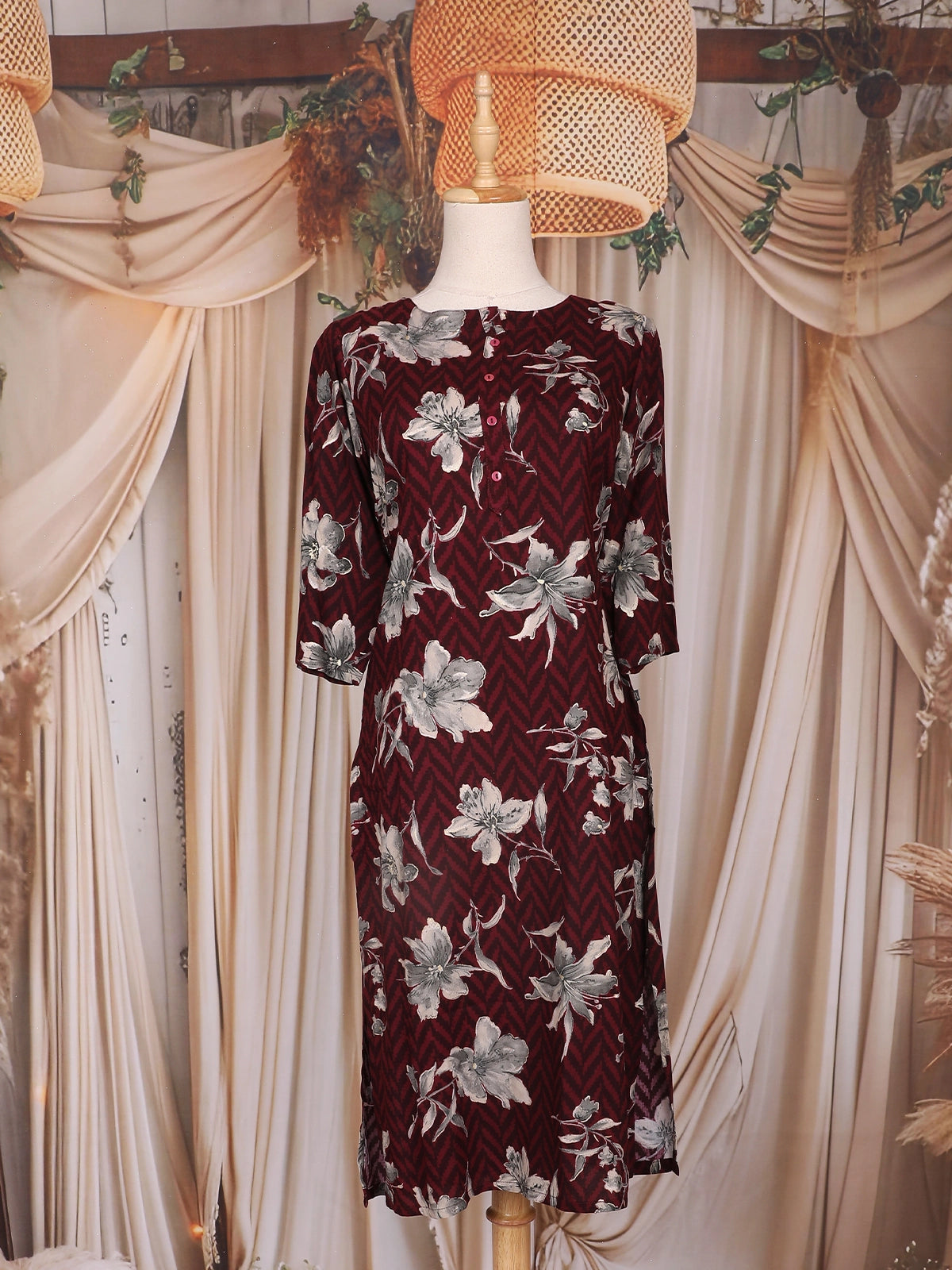 Burgundy Floral Printed Cotton Kurti