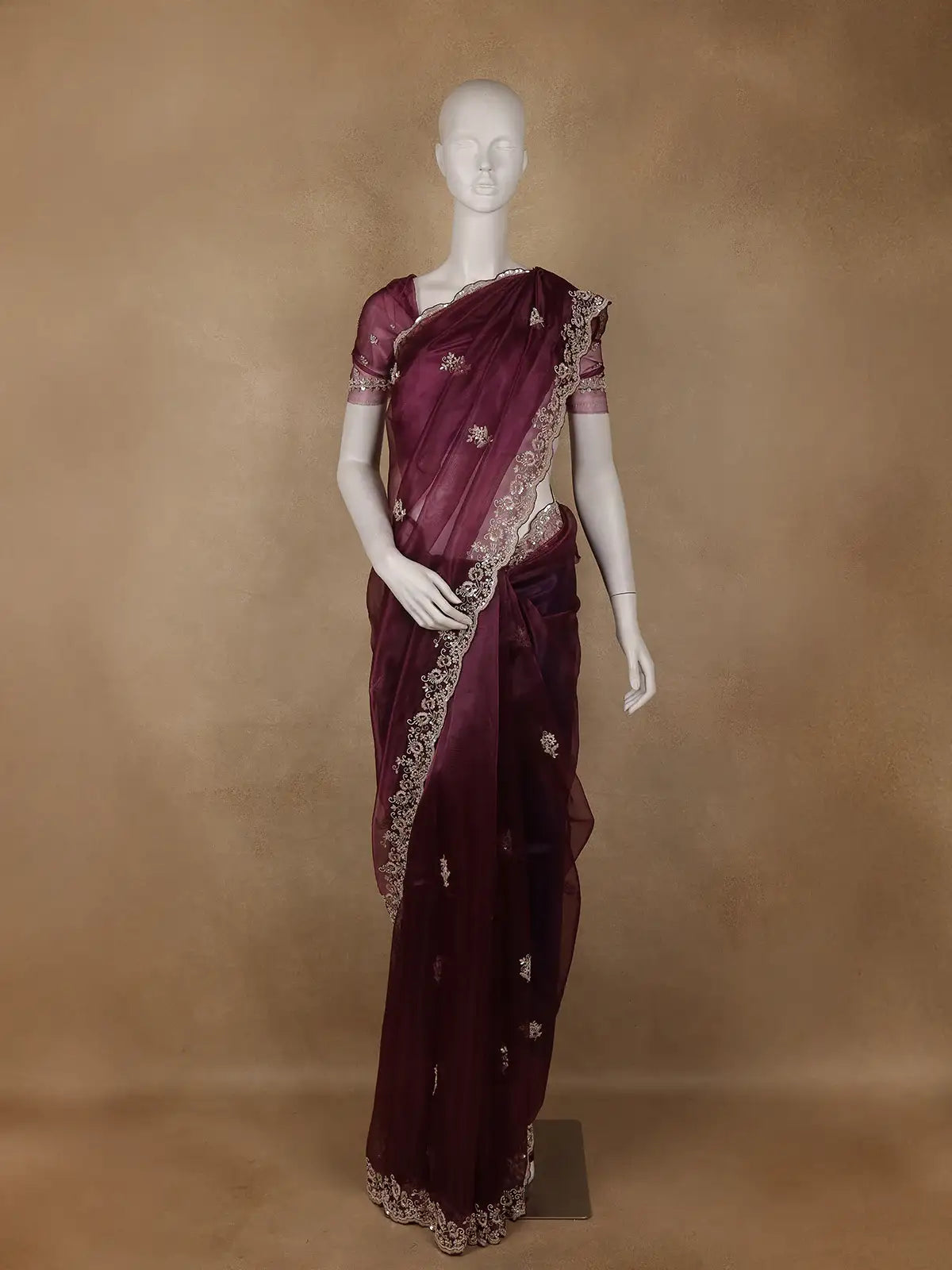 Burgundy Floral Sequins Designed Net Saree - Diadem