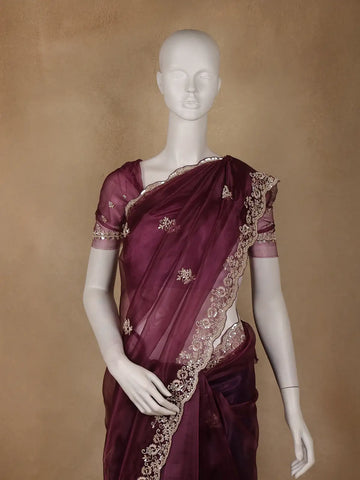 Burgundy Floral Sequins Designed Net Saree - Diadem