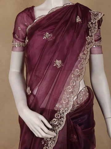 Burgundy Floral Sequins Designed Net Saree - Diadem