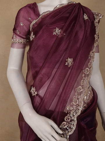Burgundy Floral Sequins Designed Net Saree - Diadem