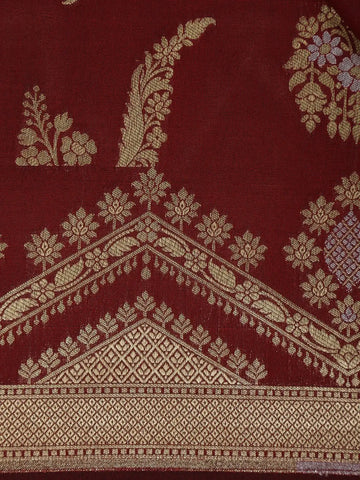 Burgundy Floral Woven Banarasi Silk Saree With Zari Border - Diadem