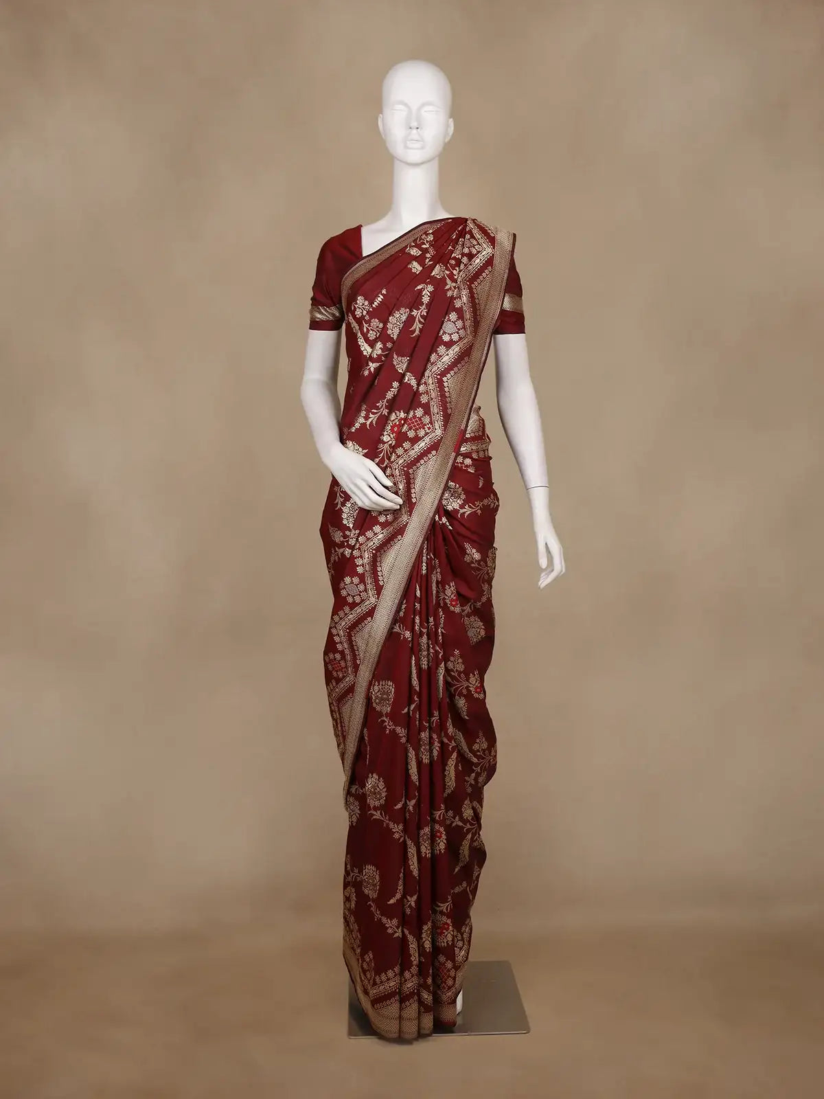 Burgundy Floral Woven Banarasi Silk Saree With Zari Border - Diadem