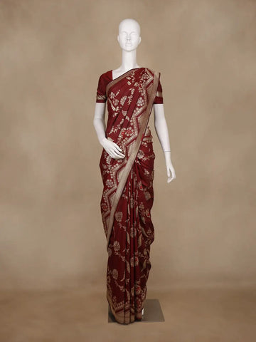 Burgundy Floral Woven Banarasi Silk Saree With Zari Border - Diadem