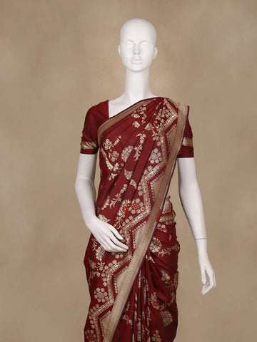 Burgundy Floral Woven Banarasi Silk Saree With Zari Border - Diadem