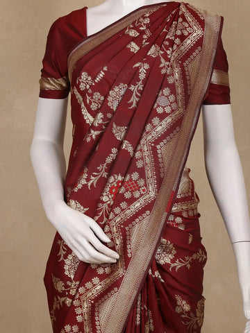 Burgundy Floral Woven Banarasi Silk Saree With Zari Border - Diadem
