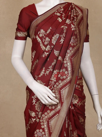 Burgundy Floral Woven Banarasi Silk Saree With Zari Border - Diadem