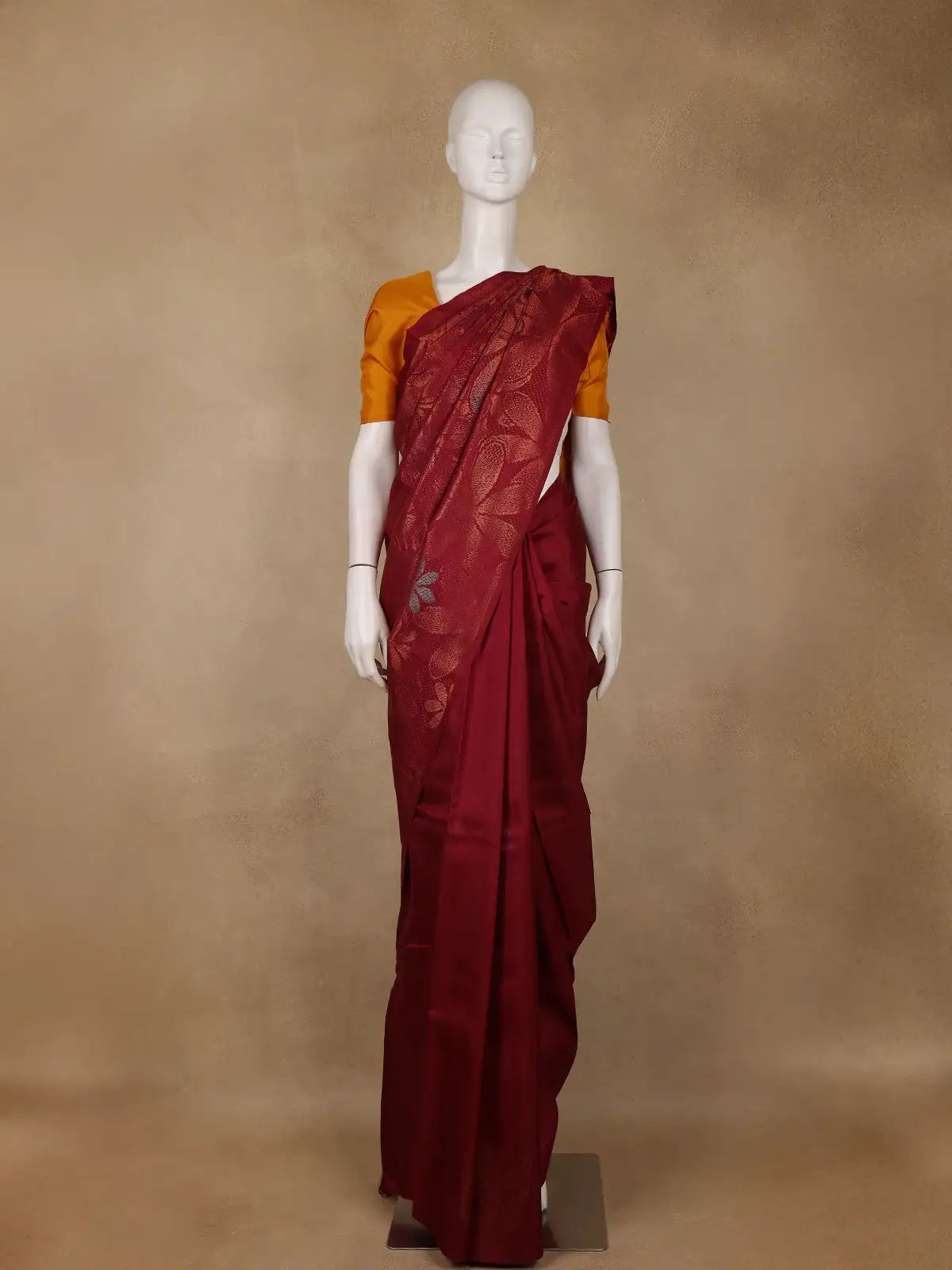 Burgundy Floral Woven Pure Kanchipuram Silk Saree - Diadem