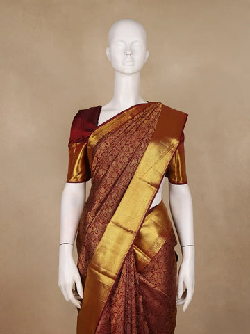 Burgundy Floral Woven Pure Kanchipuram Silk Saree - Diadem