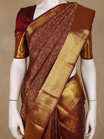Burgundy Floral Woven Pure Kanchipuram Silk Saree - Diadem