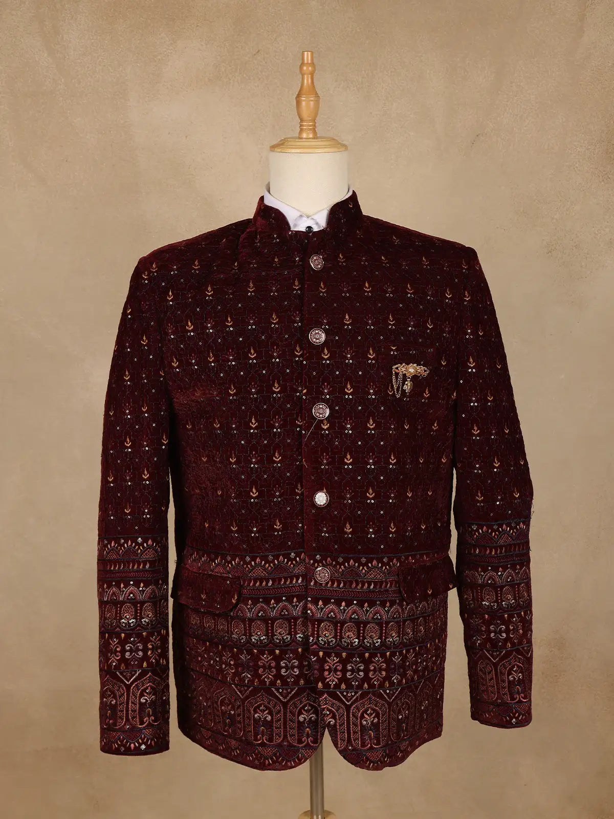 Burgundy Geometric And Floral Motif Embroidered Velvet Men's Suit - Diadem