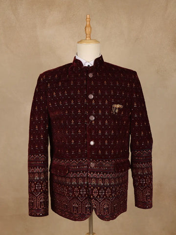 Burgundy Geometric And Floral Motif Embroidered Velvet Men's Suit - Diadem