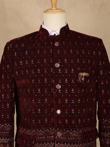 Burgundy Geometric And Floral Motif Embroidered Velvet Men's Suit - Diadem